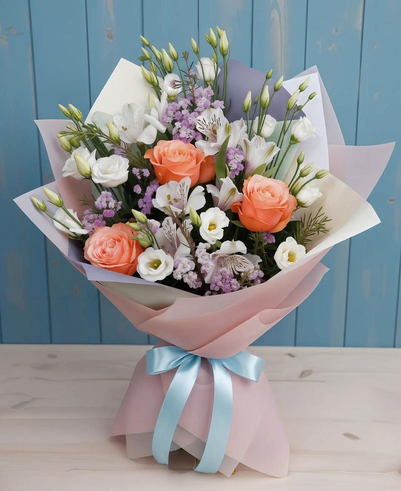 Букет цветов из: Лизиантусы, Розы, Альстромерии и Гипсофила в Тереке Ставропольского края
