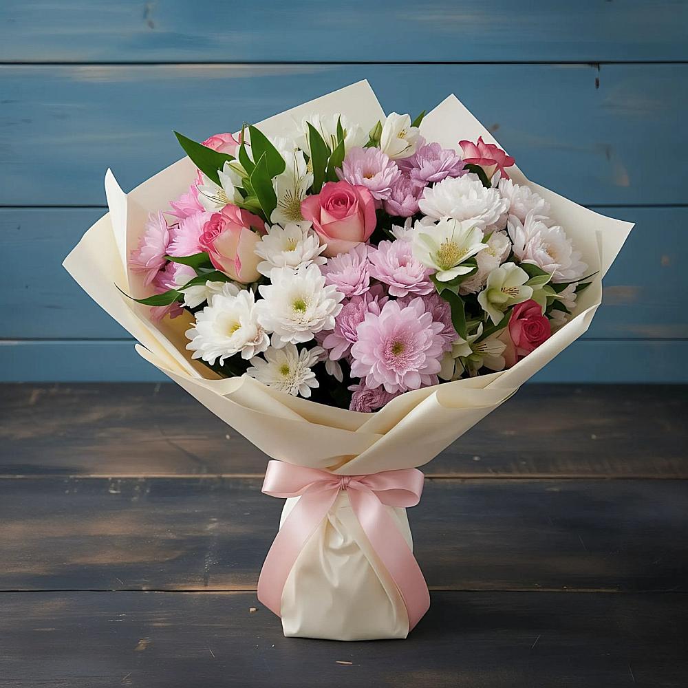 Букет цветов из: Хризантемы, Альстромерии и Розы в Тереке Ставропольского края